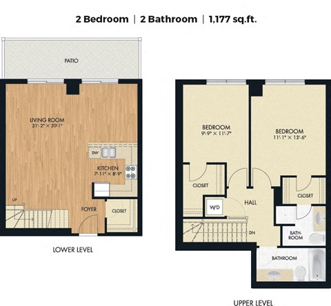 Floor plan for 2 beds, 2 baths, 1058 sqft